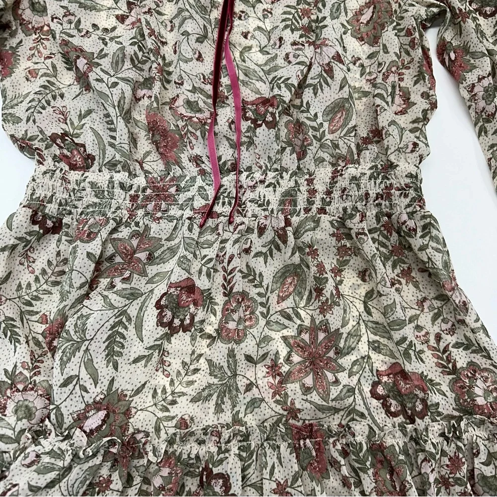 Lovestitch Floral Paisley Satin Smocked Ruffled Mock V Neck Dress Womens Size M